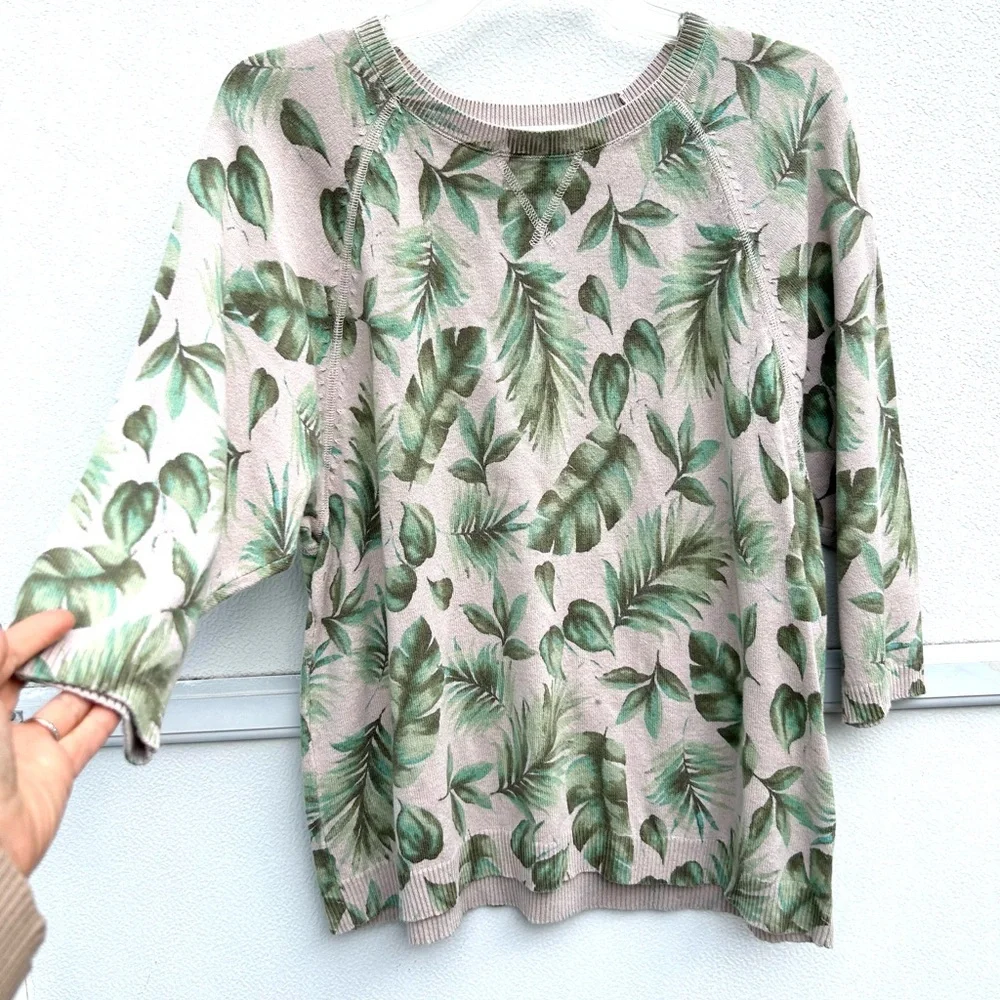 J. Jill Cream and Green Leaf Print Sweater - Picture 7 of 12